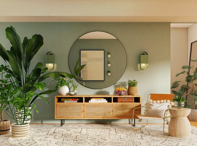 a green walled living room large plant to the left and small chair to the right