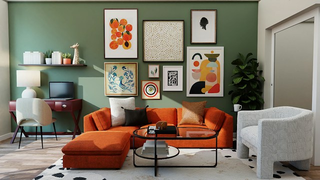 a green walled living room with orange sofa in front